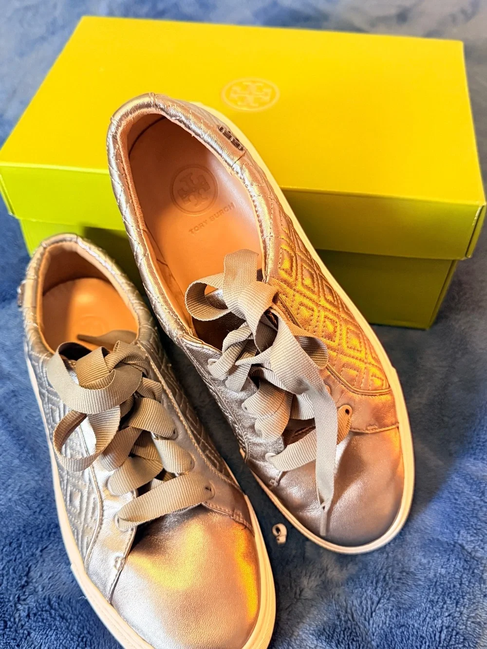 Tory Burch Metallic Silver Quilted Lace-Up Sneakers